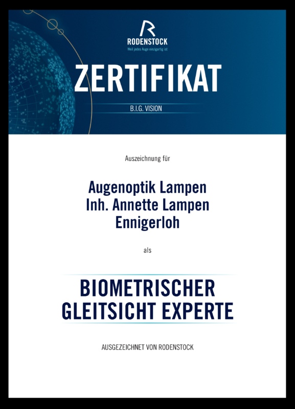 Zertifikat Rodenstock Biometrischer Gleitsichtspezialist Annette Lampen