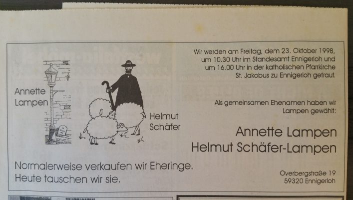Hochzeitsanzeige Annette Lampen Helmut Schäfer-Lampen Wir tauschen Trauringe