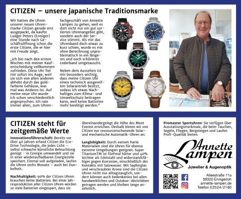 Unsere Werbeanzeige für Citizen Uhren im "Ennigerloher Blickpunkt - Ausgabe Juli 2023" Annette Lampen - Juwelier & Augenoptik, Ennigerloh