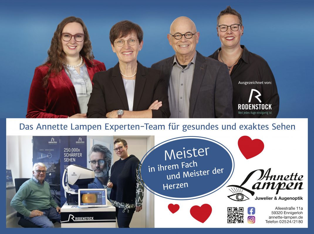 Das Annette Lampen Expertenteam Franziska und Annette Lampen, Hans-Jörg Richter und Svenja Bunse mit dem Rodenstock DNEye-Scanner